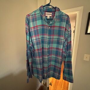 Amazon Essentials Men's Teal and Red Plaid Shirt